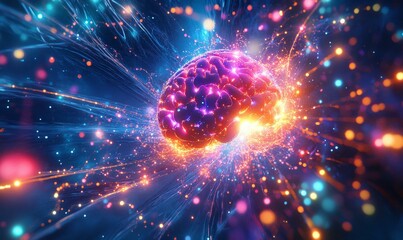 Glowing 3D-rendered brain surrounded by neural pathways and vibrant light particles, symbolizing innovation, neuroscience, and the power of the human mind