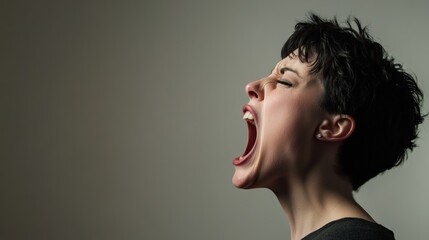 Side view portrait of a young woman shouting with wide open mouth and closed eyes, expressing emotions of anger, stress, or excitement against a neutral background