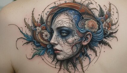 Intricate Back Tattoo Featuring Floral and Geometric Elements with a Central Ear Motif