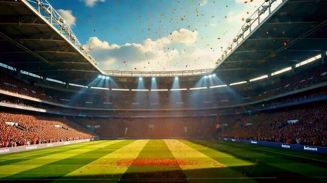An empty stadium arena, filled with confetti celebrating a victory, as animated fans cheer in the background under the bright sunlight. High-quality 4K footage.