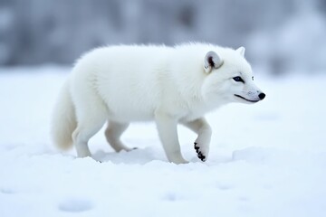 Fototapeta premium Arctic Fox in Winter Wonderland: A majestic Arctic fox, its fur a pristine white, strides confidently through a pristine snowscape.