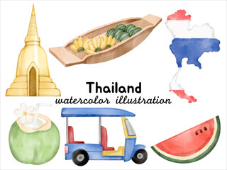 Thailand Watercolor Illustration: Golden pagoda, floating market, tuk-tuk, fresh coconut, watermelon, and Thailand map. Perfect for celebrating Thai culture, travel posters, souvenirs
