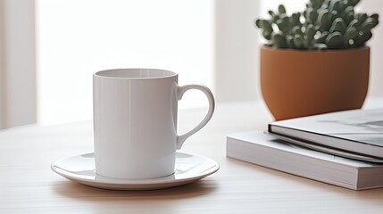 White ceramic cup on saucer beside a potted plant and an open book on a wooden table in a bright room