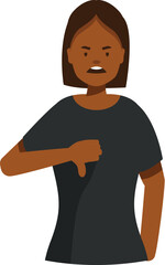 Dissatisfied young woman showing thumbs down gesture, expressing disapproval and negative feedback