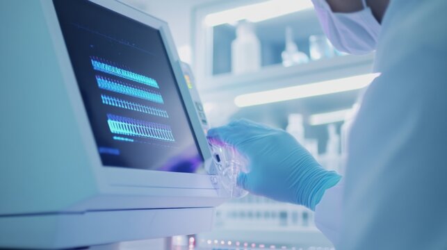 A close-up of a medical researcher using a high-tech DNA sequencer with a bright, clean laboratory in the background, Scientific style