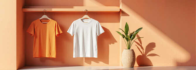 3D T-Shirt Mockup hanging on wall with plants and orange background