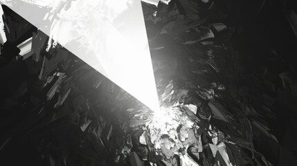 A bright beam of light pierces through dark, jagged surfaces, creating a dramatic contrast.