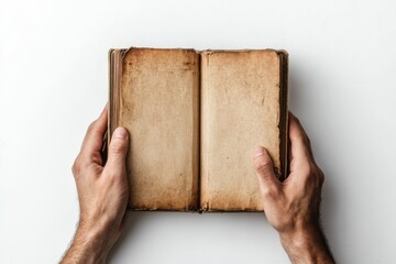 Professional stock representation of a book mockup held in hands against a clean white backdrop displaying detailed craftsmanship