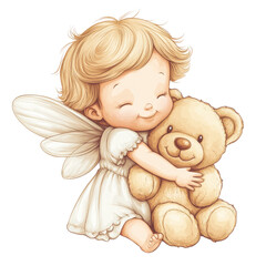 A cheerful child with angelic wings embraces a cuddly teddy bear, radiating innocence and warmth.