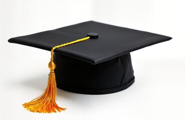 Black graduation cap with gold tassel isolated on white background. Graduation cap academic achievement, success. Ideal for educational institutions, businesses, individuals celebrating educational