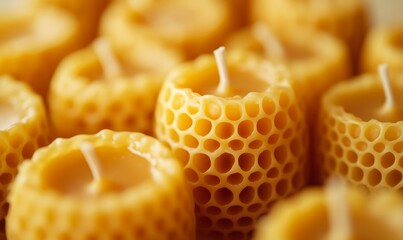 Handmade beeswax candles in honeycomb design, macro shot