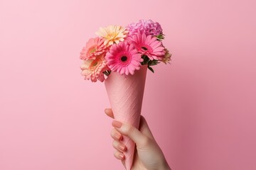 A hand holding a pink paper cone with flowers inside, on a solid background