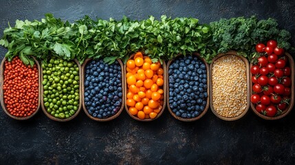 Fresh and colorful top-down view of a healthy meal featuring a variety of fruits and vegetables