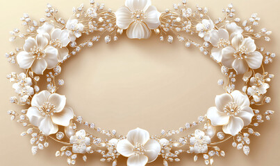 beige background with jewelry and flower, empty space in the center for text and design