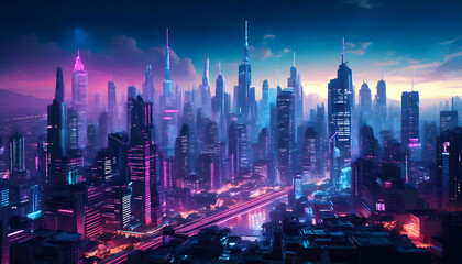 Obraz premium Realistic Cyberpunk City Skyline with Purple and Cyan Neon lights