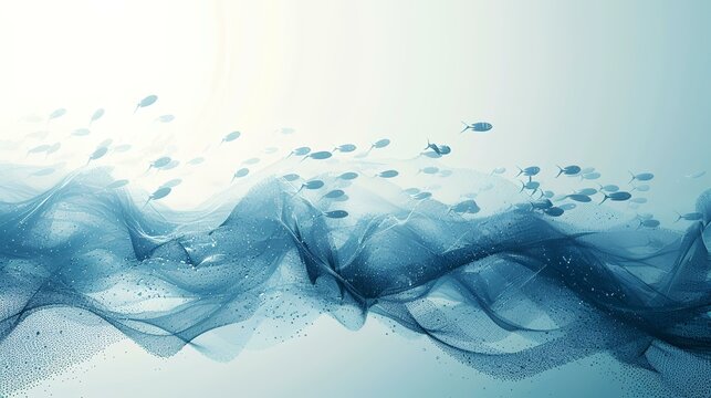 Underwater fish school swimming over ocean waves, sunlight above; nature background for marine life, ocean, or aquatic themes