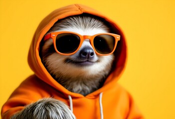 Fototapeta premium Cool Sloth in Orange Hoodie and Sunglasses: A Playful Portrait