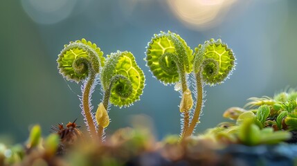 Fototapeta premium Young fern sprouts unfurling in sunrise, close-up macro shot, nature's growth, perfect for nature, botany, or ecology publications