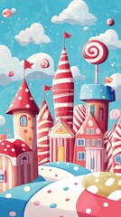 Obraz premium A whimsical candy town landscape with striped houses and lollipops