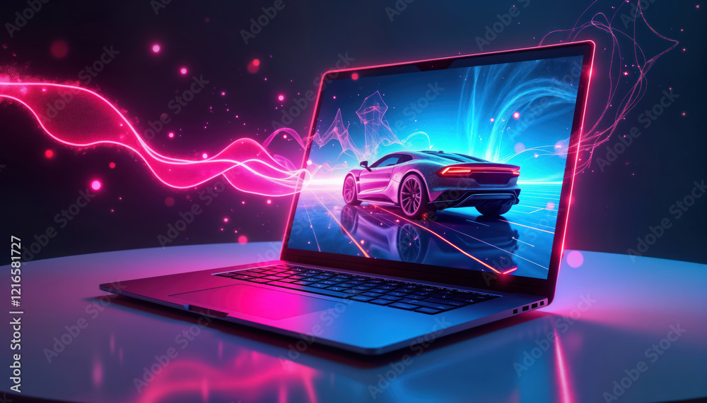 Aufkleber futuristic laptop displays neon glow car image. modern tech device shows virtual vehicle. digital sc