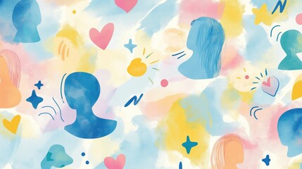 Pastel Watercolor Abstract Background with Silhouettes of People Communicating and Hearts