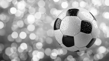 Fototapeta premium Close Up of a Black and White Soccer Ball with Rain Drops and Bokeh Background in Monochrome Color Palette for Sports Enthusiasts and Fans