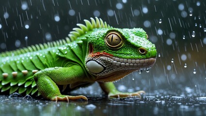 Fototapeta premium A vibrant green lizard with textured skin sits under falling rain, showcasing its unique features and the beauty of nature.