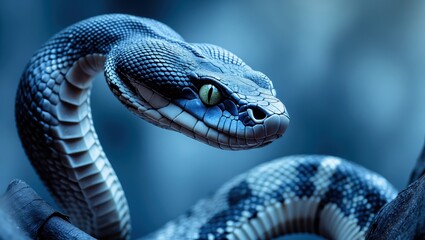 Fototapeta premium A close-up of a blue and black snake with striking green eyes, coiled gracefully against a dark, blurred background.