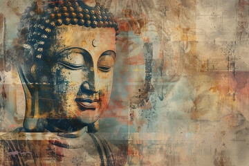 Fototapeta premium Serene Buddha sculpture surrounded by abstract textures and warm colors conveys tranquility and peace in a spiritual setting