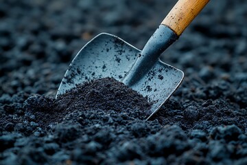 A shovel digging into rich, dark soil