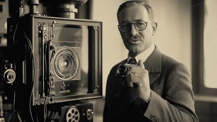 Vintage footage of a scientist or photographer with glasses, holding a camera and standing next to a large format camera. This historical clip evokes a sense of discovery 