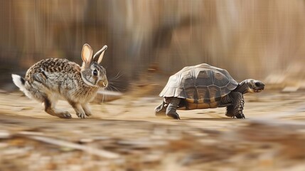A rabbit races past a tortoise in a whimsical scene, highlighting the contrasting speeds of these two iconic animals in nature.