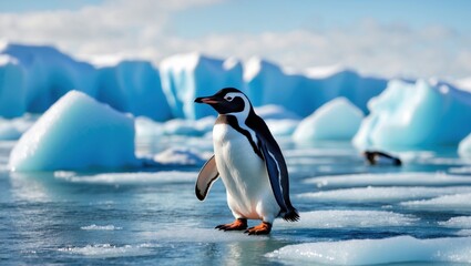 Obraz premium A solitary penguin stands on ice amidst blue icebergs, showcasing the beauty of its natural habitat in a serene, chilly environment.