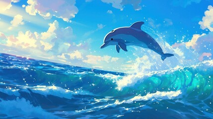 Fototapeta premium Playful dolphin leaps from vibrant ocean waves under a bright blue sky with fluffy clouds
