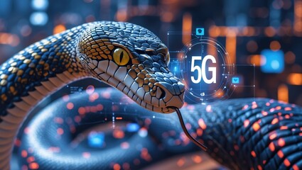 Obraz premium A close-up of a snake against a digital background featuring the text 