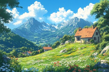 Obraz premium A serene landscape featuring a quaint cottage, vibrant flowers, and majestic mountains under a clear blue sky.