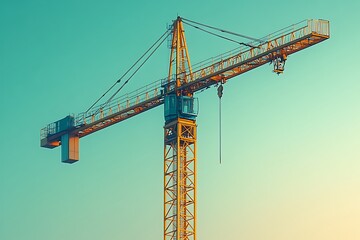 A yellow construction crane against a teal and orange sky.