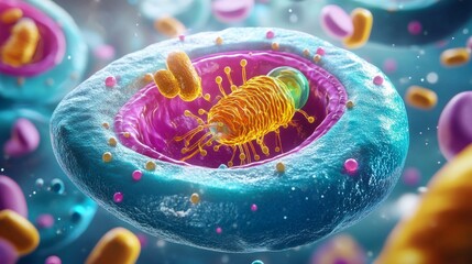 Visual representation of cellular respiration in action highlighting mitochondria producing energy within animal cells, featuring a conceptual biochemistry design showcasing metabolic processes in a h