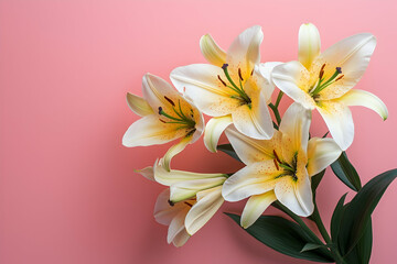 Obraz premium Cluster of Easter Lilies in full bloom on a solid pink background