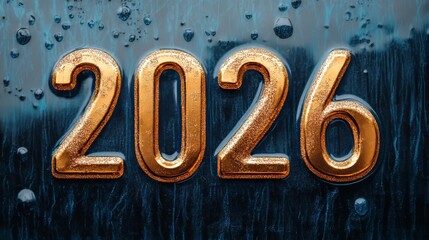 Gold Metallic Number 2026 Against a Blue Background with Sparkles and Water Droplets.