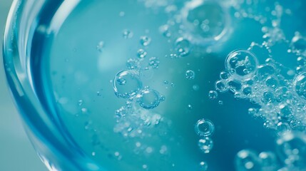 Close-up of blue science experiment with gel and bubbles dropping from lab dropper into petri dish, macro shot of chemical reaction and fluid dynamics