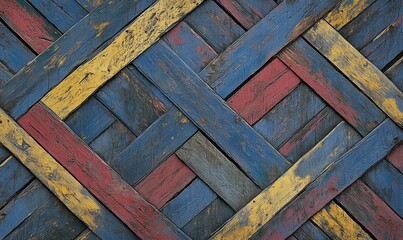 Interlocking Pattern of Weathered Wooden Planks in Blue, Red, and Yellow