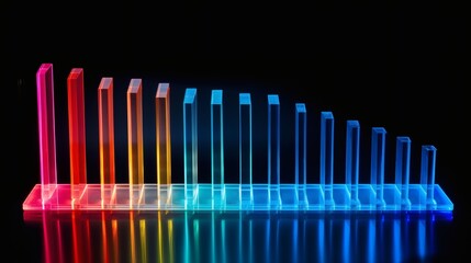 Fototapeta premium Colorful acrylic prisms arranged in a gradient display, showcasing light refraction techniques in a dark setting