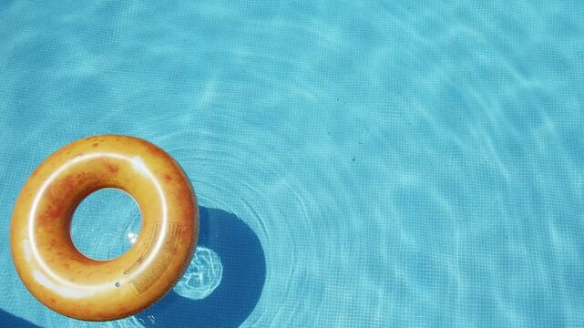 Yellow swim ring or swim tube floating over transparent water of the swimming pool. Slow motion and looped video.  