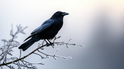 Obraz premium A black crow perched on a frost-covered tree branch against a soft and hazy winter background, evoking a serene and chilly atmosphere