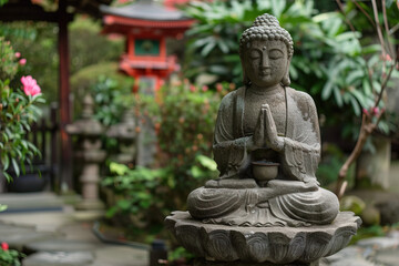 Serene Buddha statue in a tranquil garden setting with lush greenery and traditional architecture