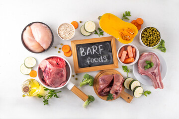 BARF food ingredients, healthy diet for animal background