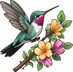 Obraz premium A lively watercolor depiction of a hummingbird in flight, showcasing its radiant plumage.