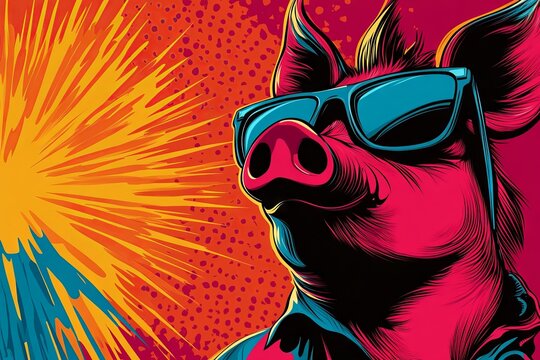 A vibrant illustration of a cool pig wearing sunglasses, set against a colorful background, showcasing a playful and energetic vibe.