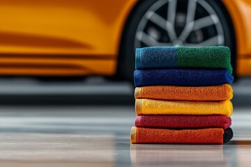 A stack of colorful microfiber towels neatly folded, placed next to a sports car with a vibrant...